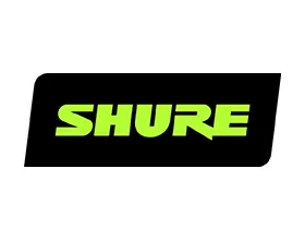 Shure logo - green text in a dark slanted box